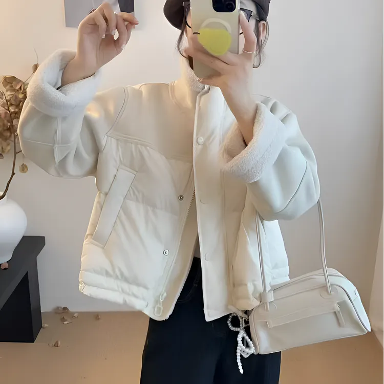 高端欧货冬季新款时尚休闲皮毛一体羔毛绒拼接绒面包服外套棉服女