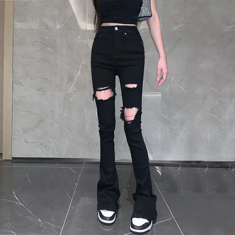 裤长111cm 超薄破洞马蹄裤女夏季加长牛仔裤高腰显瘦高个子拖地裤