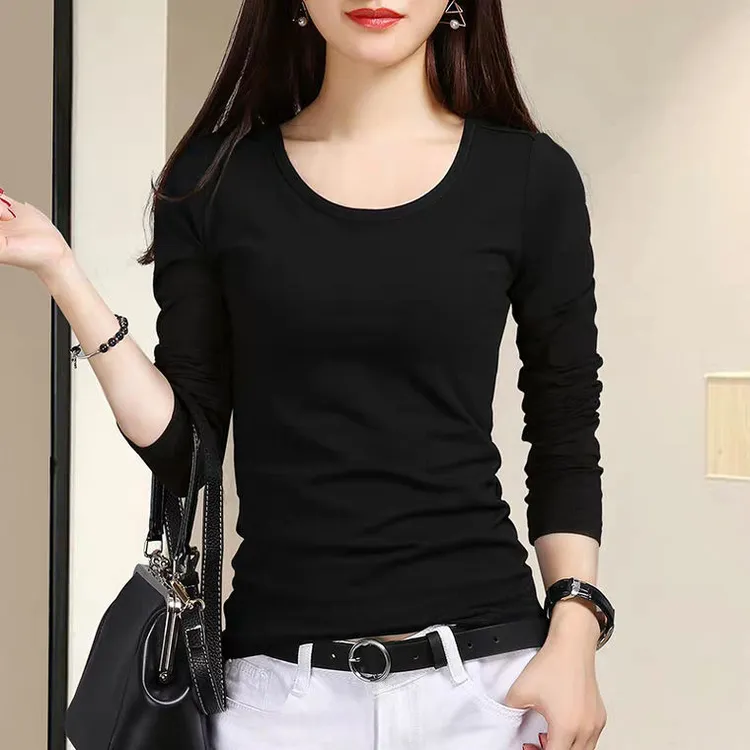 高档黑色长袖t恤女打底衫内搭春秋薄款修身显瘦百搭纯色秋衣女