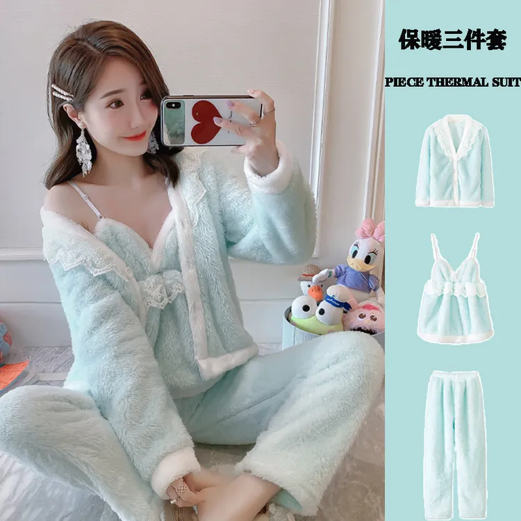 性感睡衣女款秋冬季加绒加厚珊瑚绒吊带2025新款冬天家居服三件套