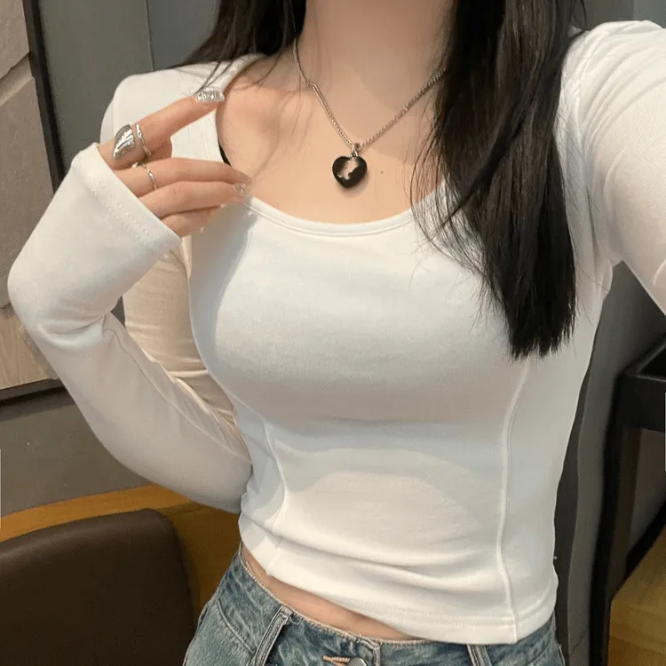 纯欲风韩版洋气新款低领长袖T恤小个子短款T恤女内搭羊绒上衣