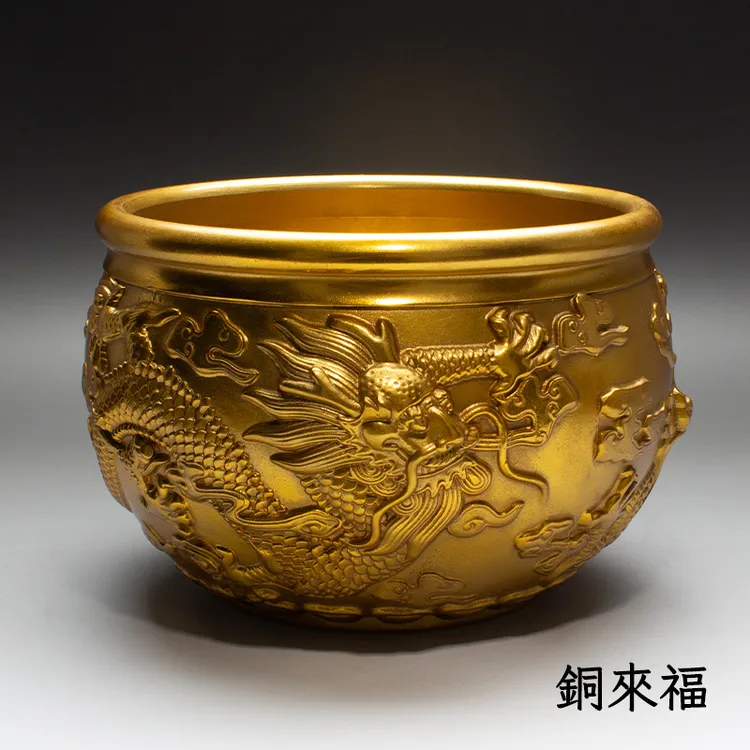 全铜二龙缸铜缸全铜米缸进宝聚米缸客厅家居摆件小号大号龙纹
