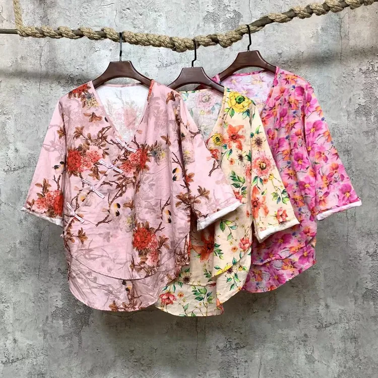 本古佳0116斜襟麻棉印花盘扣开衫130*56防晒衬衣精品百搭七分袖女