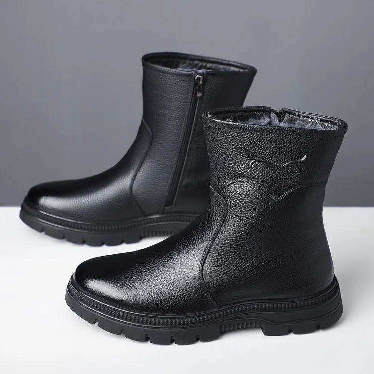 头层牛皮 羊毛内里 皮毛一体 高筒男鞋雪地靴保暖真皮男靴