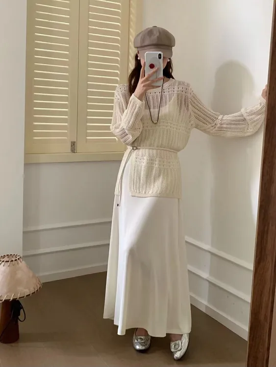 温柔风高级感气质时尚套装镂空长袖针织罩衫女装早秋半身裙两件套