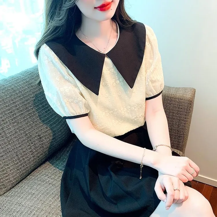 2024年夏季新款拼接刺绣娃娃领短袖雪纺衬衫女上衣