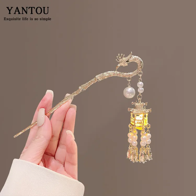 会发光的流苏灯笼发簪子金属凉亭发髻中秋节西湖宫灯盘发古风发饰