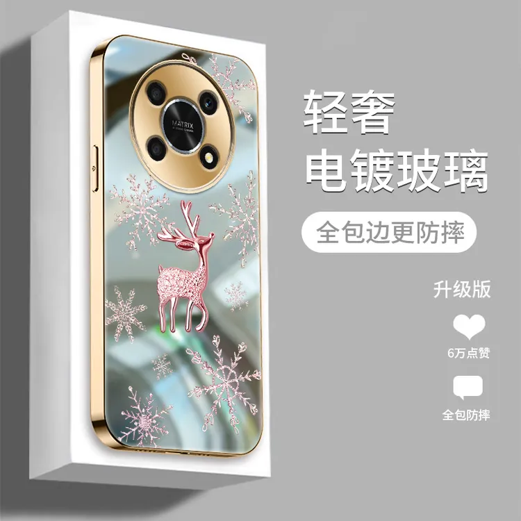 适用荣耀X30玻璃x30i手机壳新款创意电镀镜面保护套时尚潮米金鹿