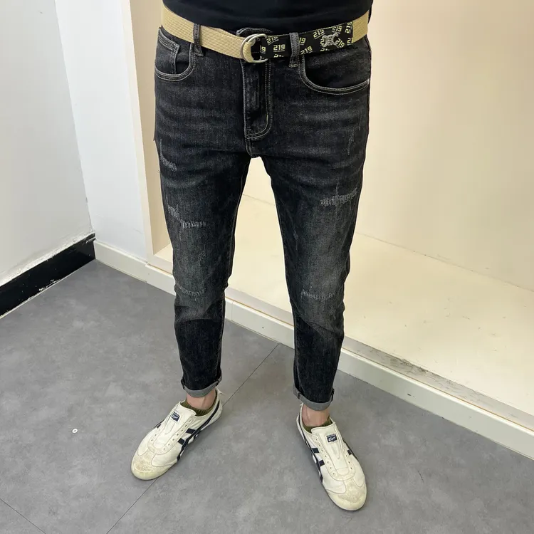 秋季新款黑灰色假破洞修身小脚牛仔裤男士潮流时尚百搭弹力个性