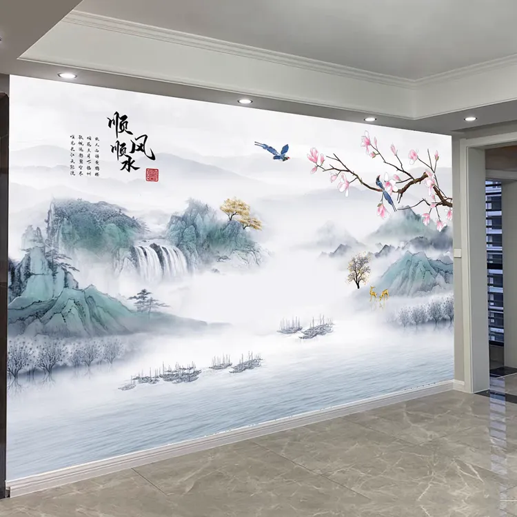 定制电视背景墙现代简约壁布3D立体新中式花鸟客厅影视墙布壁画
