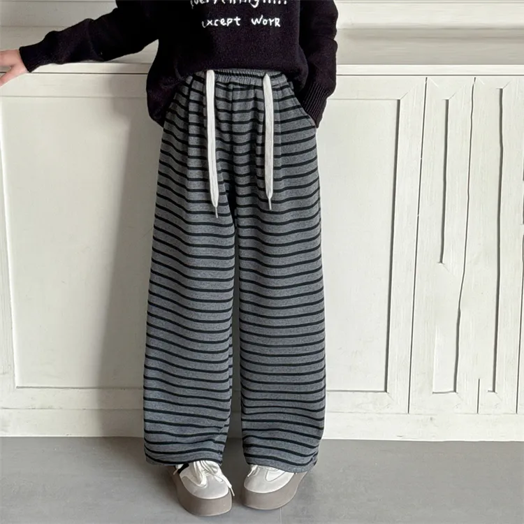 女童冬季加绒裤子2024新款加厚条纹裤女孩宽松洋气中大童阔腿长裤