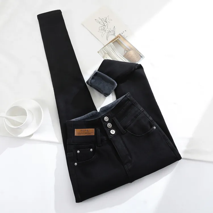 加绒小脚裤女冬季新款加绒加厚高腰牛仔裤女显瘦显高铅笔裤九分裤