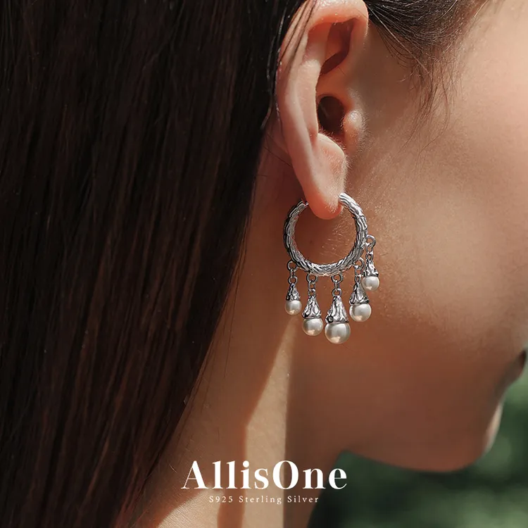 苿默 925银仿珍珠耳饰 原创设计流苏新中式耳环轻奢银饰小众耳圈