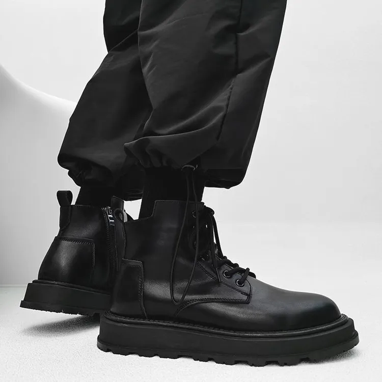 真皮高帮皮鞋黑色ins马丁靴男款冬季加绒英伦风复古拉链厚底短靴