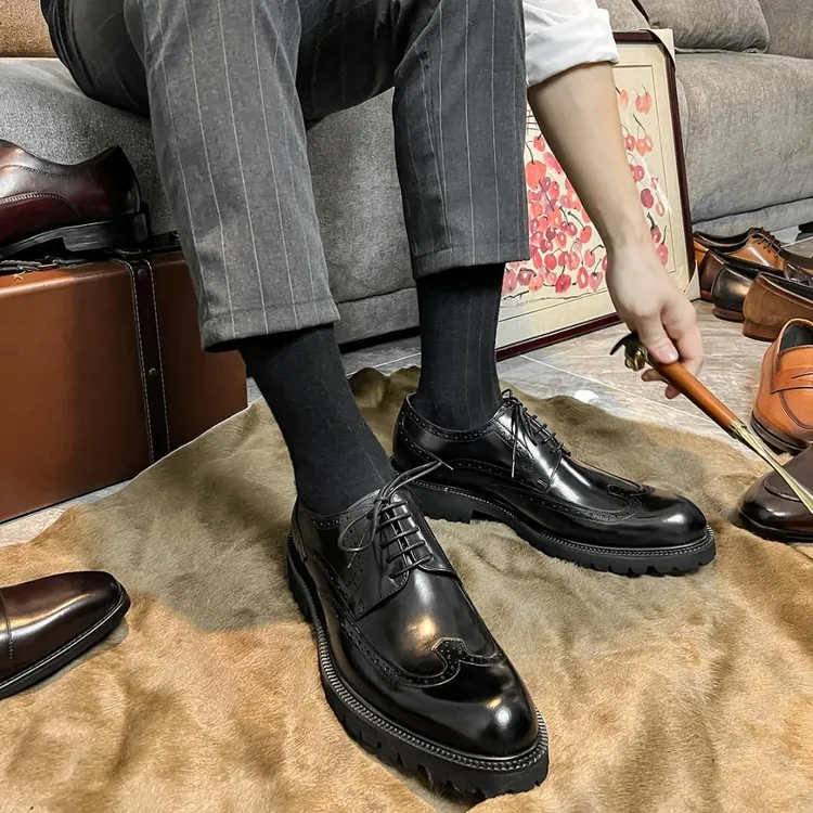 透气男士皮鞋黑色布洛克雕花男鞋真皮商务英伦正装婚鞋休闲增高鞋