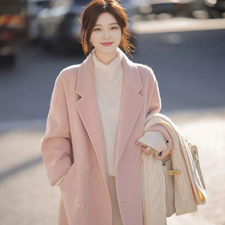 粉色双面毛呢大衣2025秋冬新款韩版宽松中长款爆款呢子外套女8868