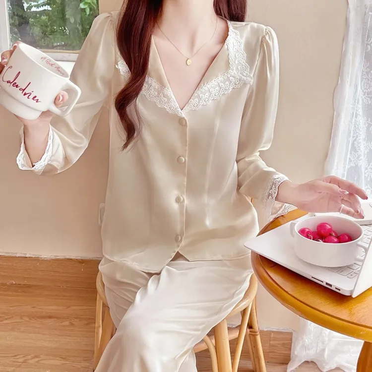 带胸垫睡衣女春秋季冰丝套装性感长袖长裤套装可外穿家居服甜美夏