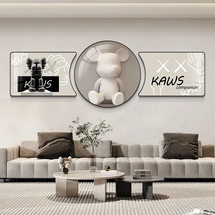 新款客厅沙发背景墙创意挂画装饰画暴力熊kaws晶瓷画时尚现代简约