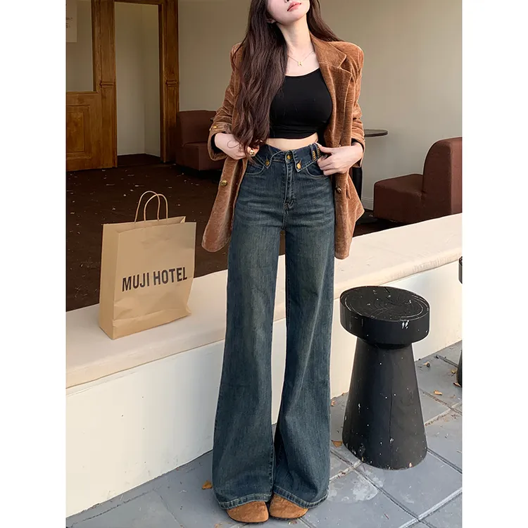 新款翻边字母不贴腿微喇牛仔裤女2025年秋季新款高腰显高显瘦长裤