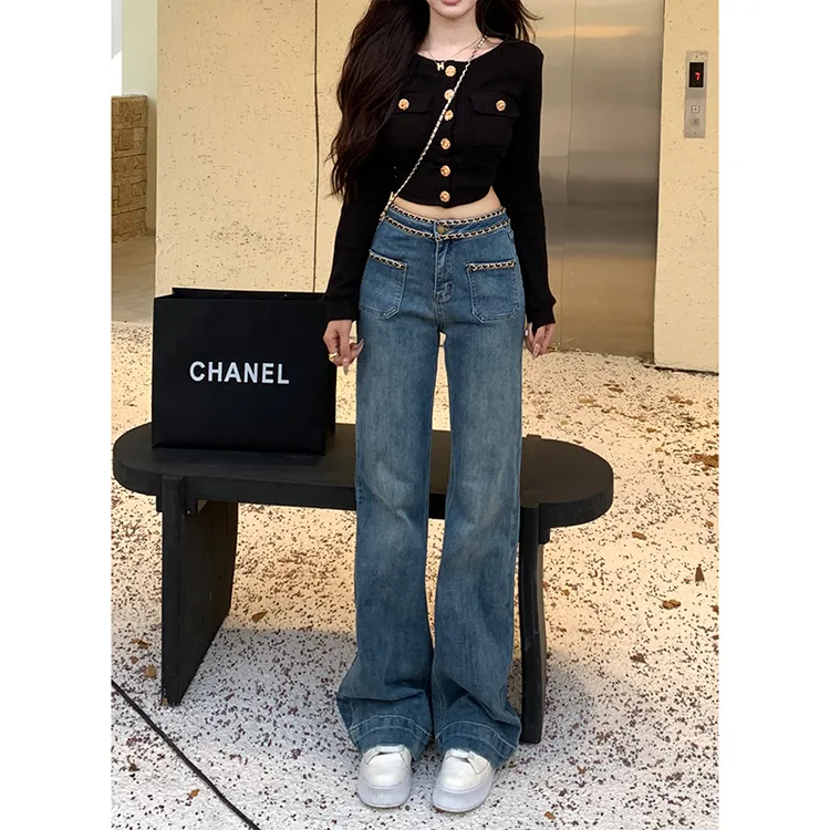 小香链条直筒牛仔裤女2025年秋季新款高腰显瘦弹力百搭拖地长裤