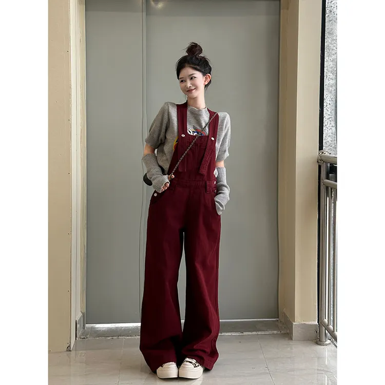 安可拉红牛仔背带裤女2025秋季新款高腰遮肉显瘦百搭减龄拖地长裤