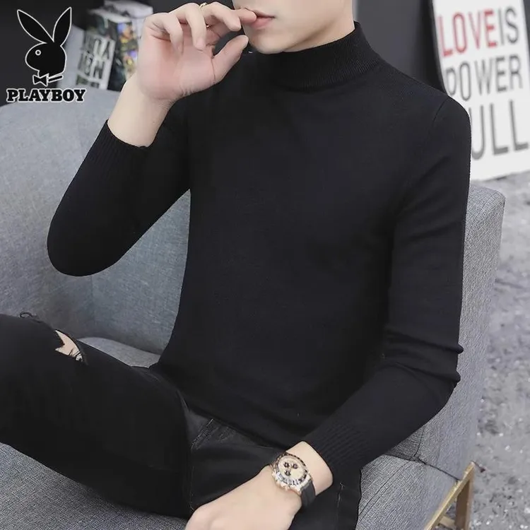 花花公子黑色毛衣男士修身内搭打底衫春秋季休闲半高领针织衫男装