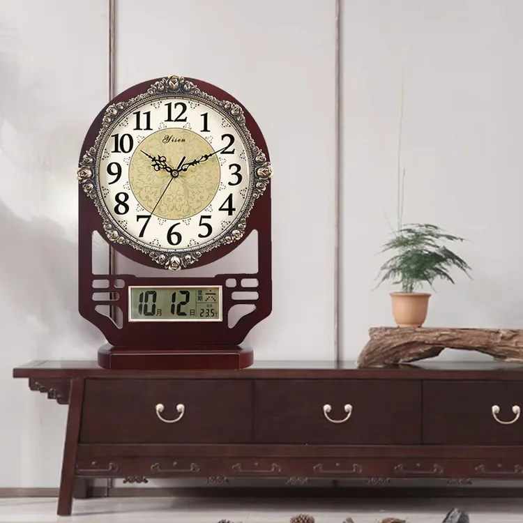 新中式实木座钟客厅大号静音复古木质万年历台钟复古桌面钟表摆件