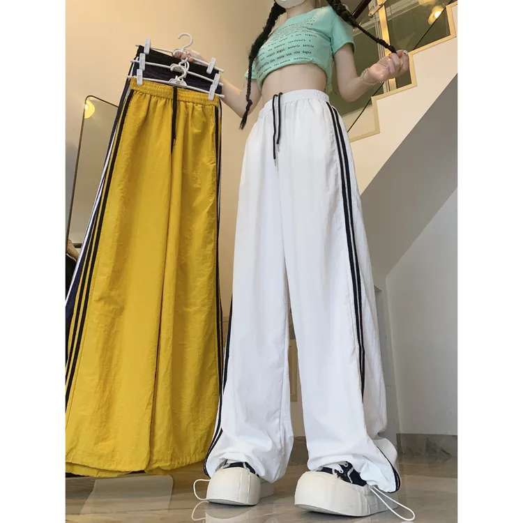 多巴胺冰丝条纹运动美式工装裤夏季薄款速干宽松休闲直筒阔腿裤女