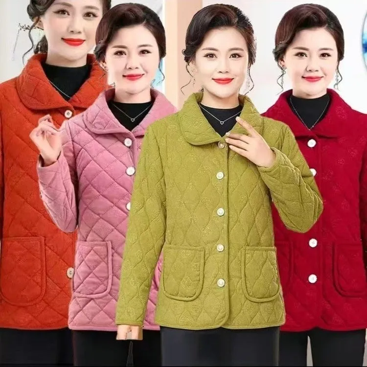 冬季新款加绒加厚中年妈妈宽松外穿纯色棉服时尚洋气百搭外套