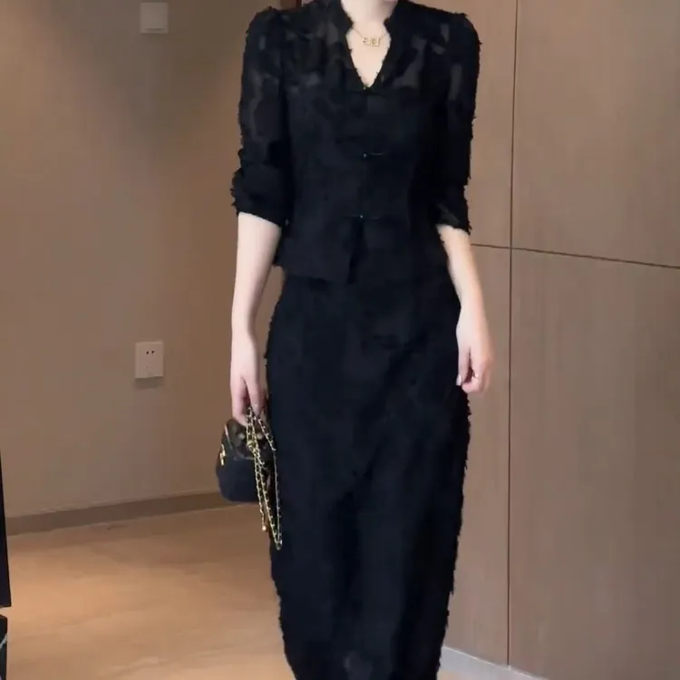 秋冬新款时尚国风套装女士显瘦气质长袖洋气复古修身女神范两件套