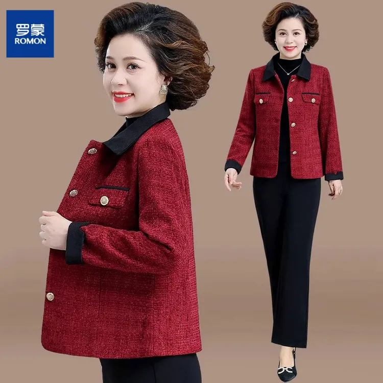 罗蒙洋气妈妈春秋装外套新款高贵贵夫人中老年人女小香风呢子上衣