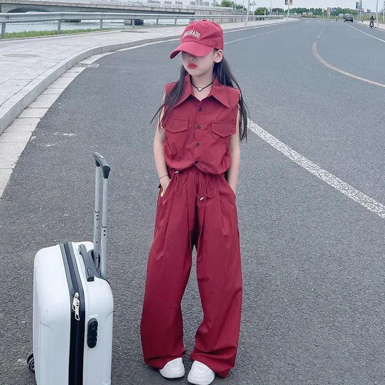 女童夏季休闲套装2025新款洋气女大童时尚衬衣直筒阔腿裤两件套