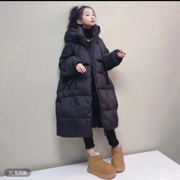 女童长款宽松2025新款羽绒服时尚飘带连帽韩版白鸭绒外套中大童潮