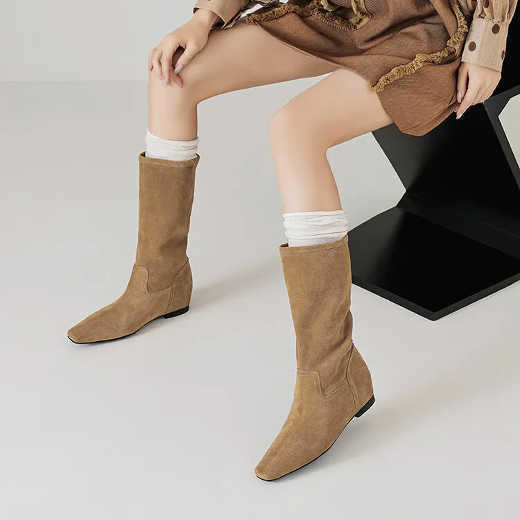 磨砂牛皮2024秋冬真皮中筒靴牛仔复古粗跟内增高骑士靴长筒瘦瘦靴