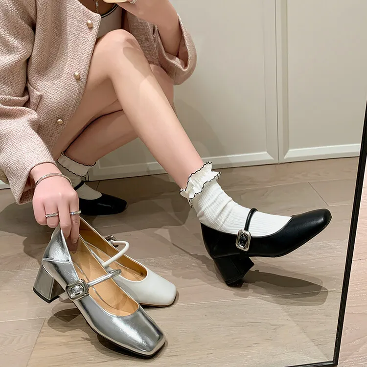 时尚气质~2025春夏新款真皮浅口女单鞋粗高跟一字带方头低帮女鞋
