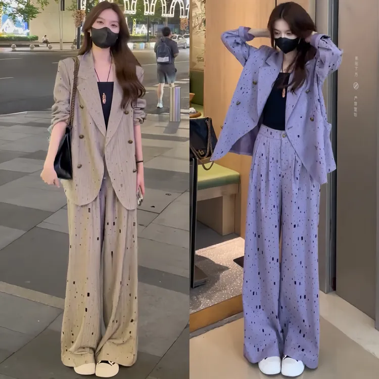 2024早秋新款时尚宽松显瘦烫钻西服外套阔腿裤两件套高级感套装女