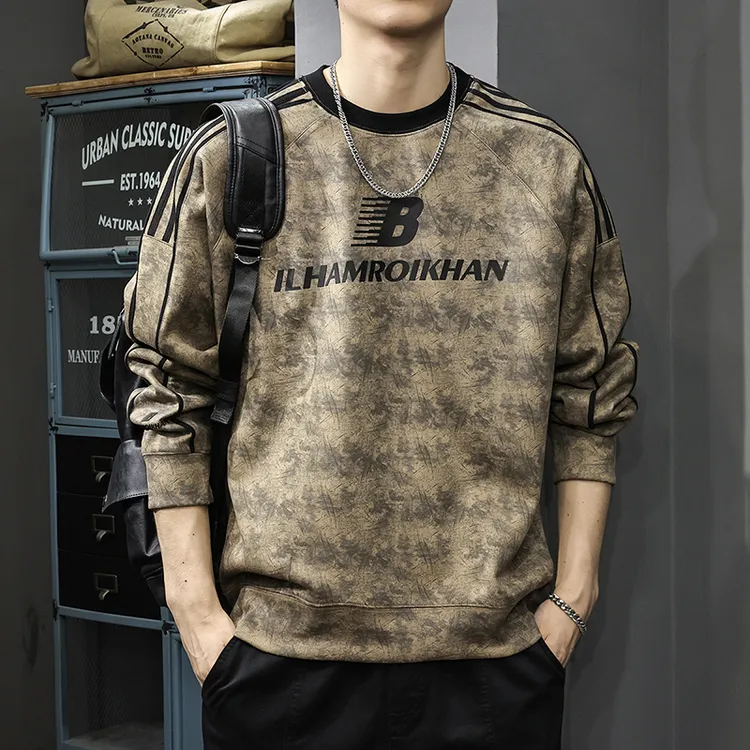 秋冬新款美式潮牌印花卫衣男重磅水洗条纹插肩长袖宽松内搭打底衫