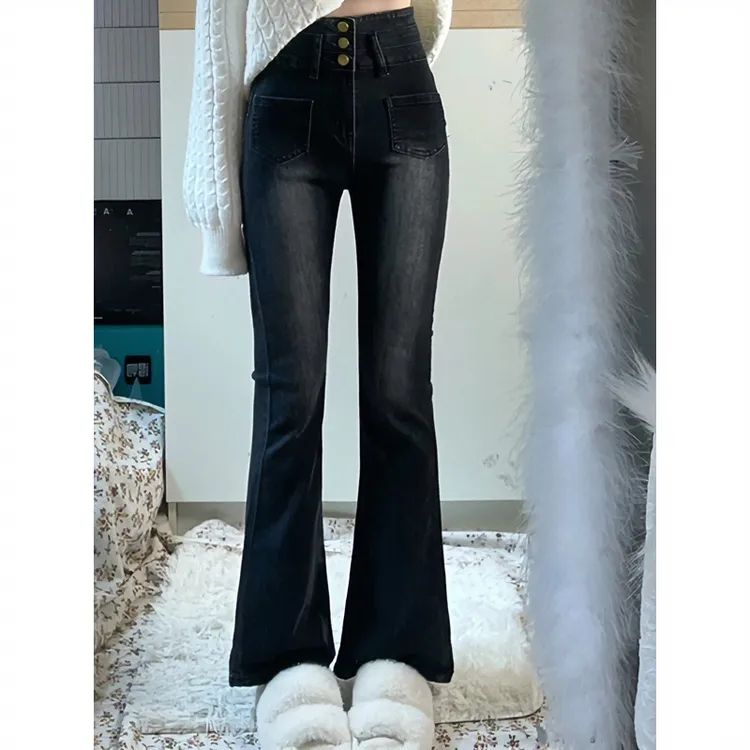 黑灰色微喇牛仔裤女冬季加绒高腰大码弹力遮肚梨形身材喇叭裤