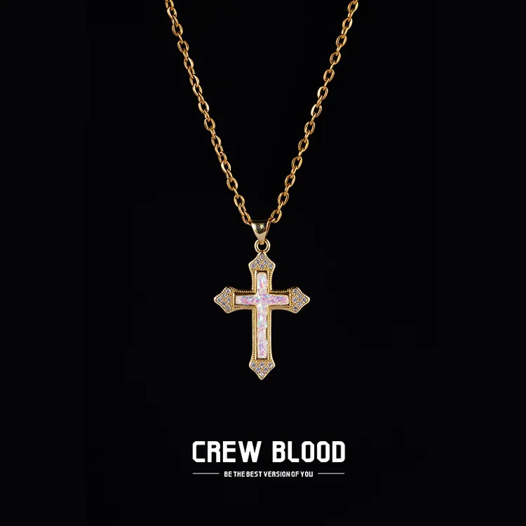 钛钢合成锆石吊坠 CREW欧美澳宝满钻十字架项链美式街头时尚情侣
