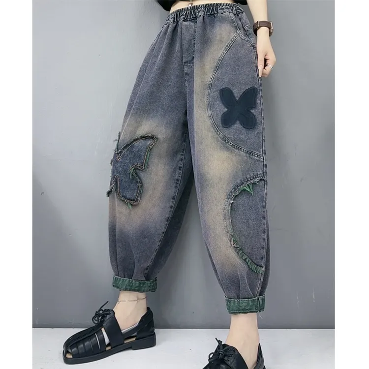 时尚贴布水洗牛仔裤女夏季新款韩版大码秋季百搭哈伦裤显瘦八分裤