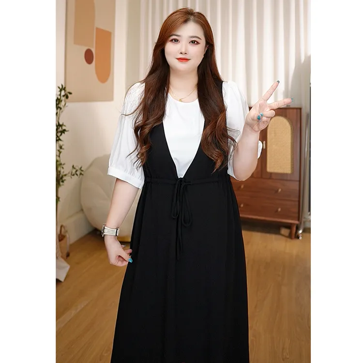 《哆啦》微胖穿搭修身显瘦A字百搭大码女装假俩件胖mm连衣裙525068