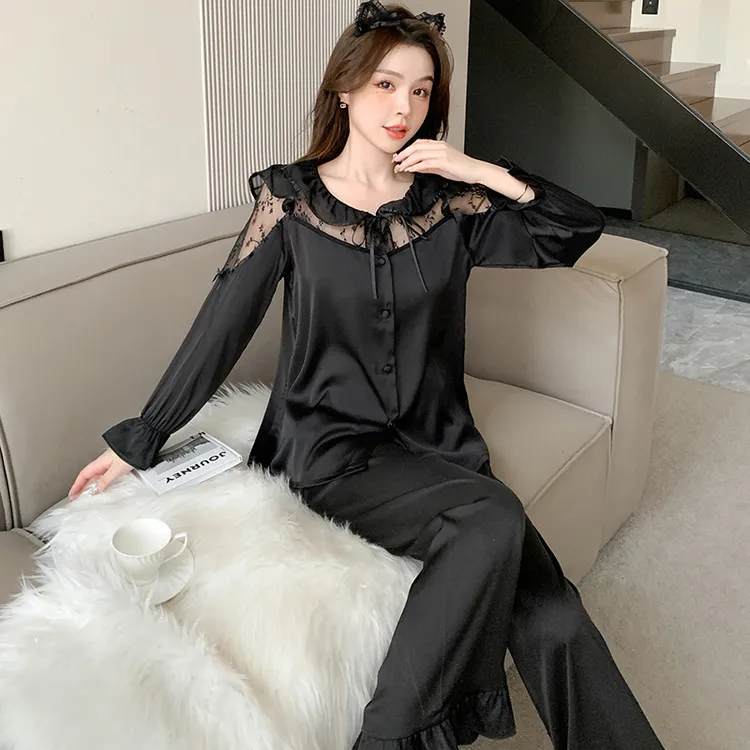 春秋季新款睡衣女冰丝开衫镂空套装直播爆款韩版长袖网红时尚