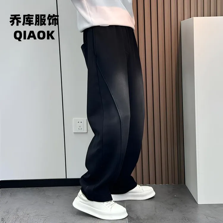 秋季新品潮牌阔腿直筒高街潮流大码休闲长裤弯刀裤秋季裤子男潮
