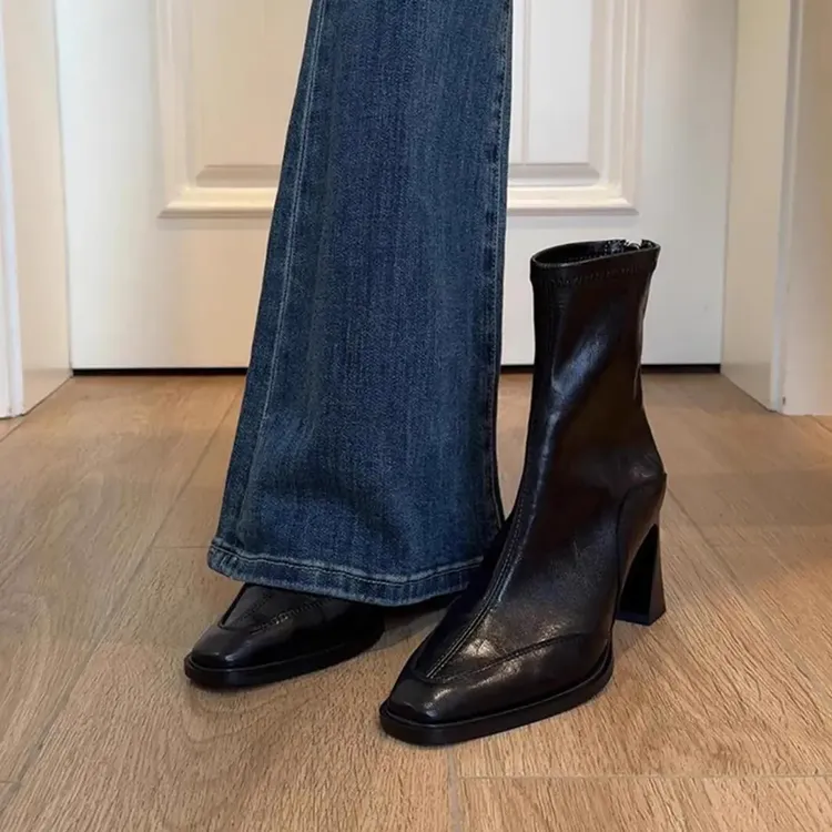 复古方头高跟短靴弹力瘦瘦靴女后拉链洋气通勤百搭马丁靴靴女方头