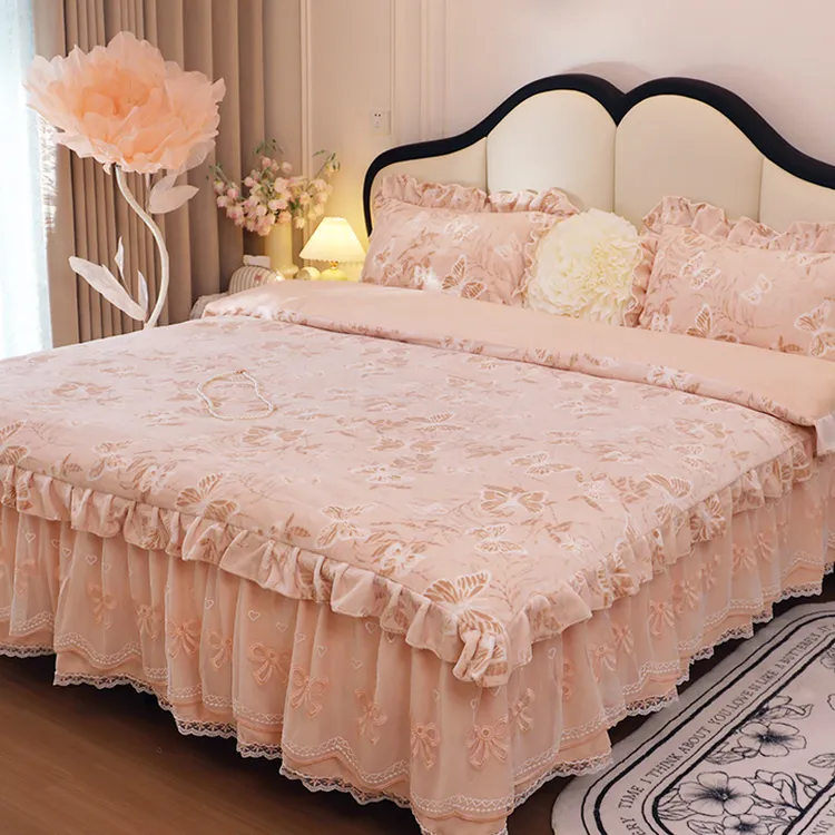 【真珍】蝶恋 韩版高克重牛奶绒雕花蝴蝶公主风工艺款四件套