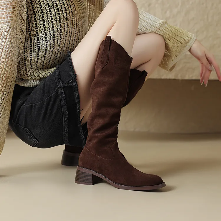 粗跟复古绒面长靴女不过膝高筒瘦瘦靴显瘦骑士靴西部靴大码41—43