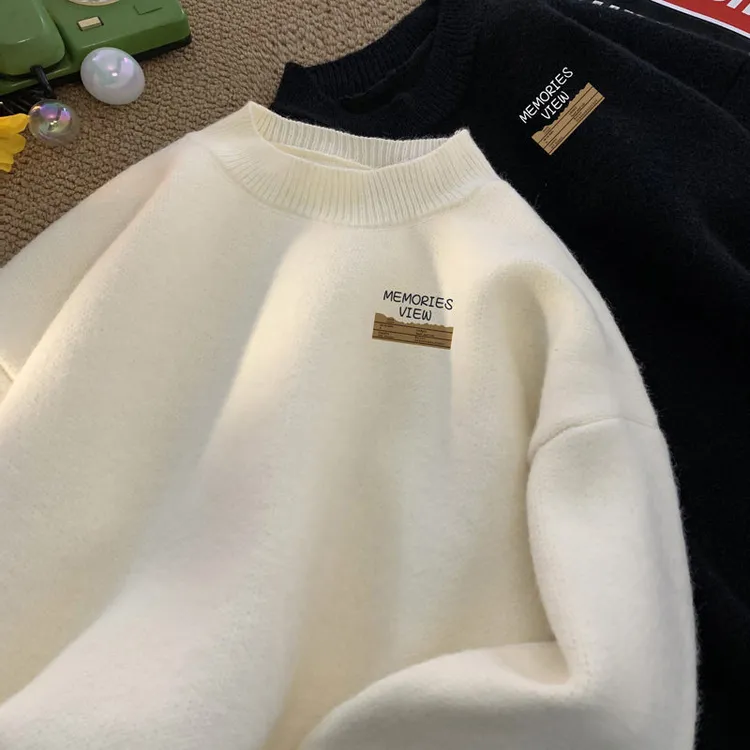 圆领针织衫毛衣男秋冬季美式潮牌外套宽松休闲慵懒风内搭打底线衣