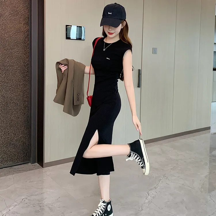 老钱风松弛感女装韩版时尚气质休闲显瘦长款开叉连衣裙洋气衣服女