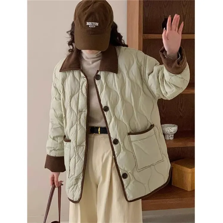 韩版复古小香风菱格棉服外套女冬季2025新款翻领棉衣宽松保暖棉袄