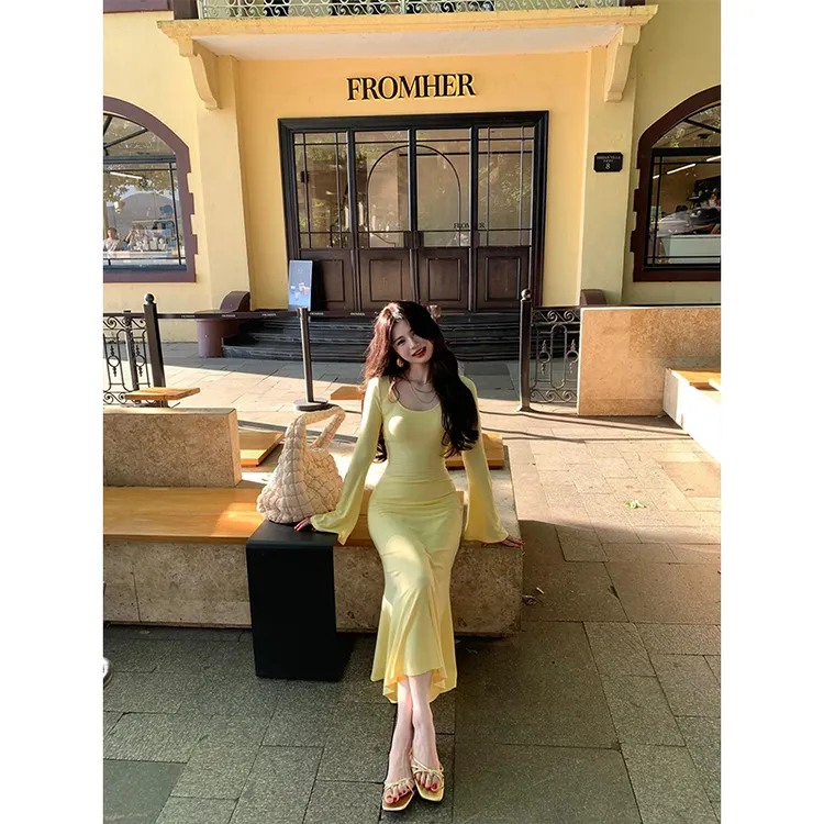 2025秋季新款轻熟风御姐性感薄款防晒透气长袖连衣裙收腰包臀长裙